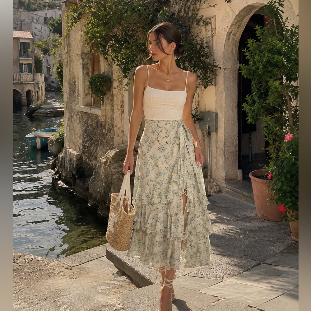 En Saison Marlene floral ruffle tiered Midi skirt